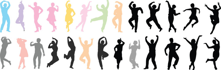 Silhouette of diverse dancing people, colorful and black styles, creative pose collection, modern dance movement, expressive body shapes, vector art