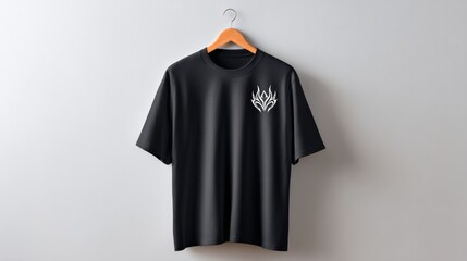 Black t-shirt displayed on a wooden hanger against a light gray wall, featuring a unique white flame design on the chest, ideal for casual wear and fashion branding
