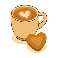 Vector illustration of a coffee cup with heart latte art and a heart cookie. Warm beige palette, cozy kawaii. Ideal for cafe branding, stickers, packaging, cards, autumn projects.