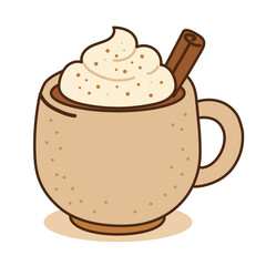 Vector illustration of a cozy latte in a mug topped with whipped cream and a cinnamon stick. Warm beige palette—ideal for cafe branding, stickers, packaging, menus, and autumn seasonal design.