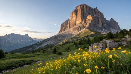 Golden Hour Light on Majestic Rocky Mountain Peaks and Alpine Meadow with Yellow Flowers