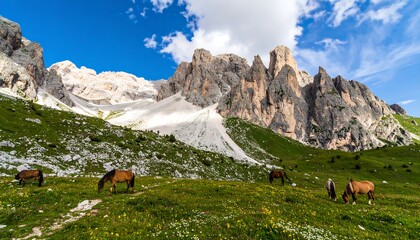 Four horses graze peacefully in a grassy meadow nestled beneath dramatic mountain peaks on a sunny day.