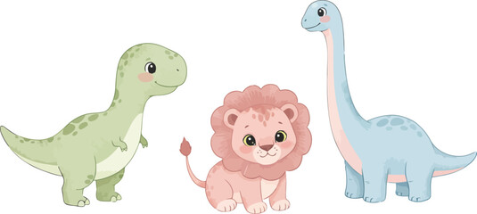 Cute watercolor dinosaur lion baby animals