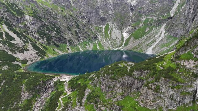 Aerial view of Czarny Staw pod Rysami (Black Lake under Rysy) in Tatras, Poland