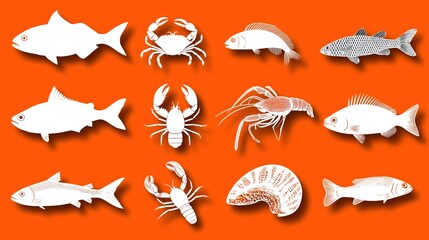 Naklejka premium White sea creatures on vibrant orange background