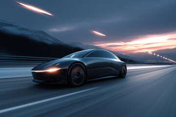 A sleek concept vehicle on an empty highway at dusk, motion blur effect, futuristic design.