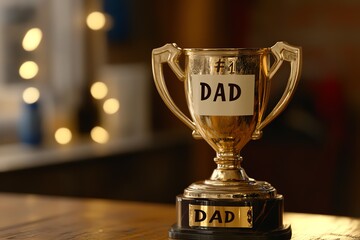 Gold trophy for Dad, Number One Dad award, Father's Day gift, wooden table background