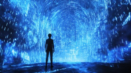 Silhouette of person standing before a glowing blue digital portal