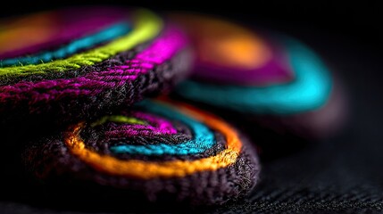 Close-up of colorful, textured circular objects.  Dark background. Vibrant embroidery