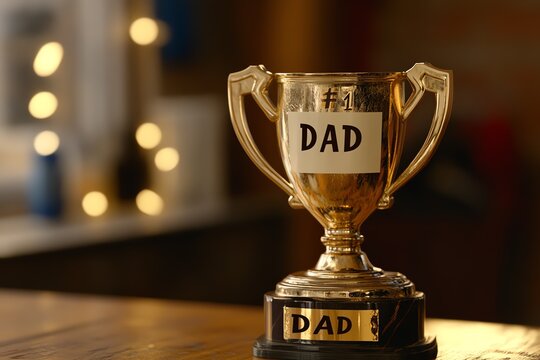 Gold trophy for Dad, Number One Dad award, Father's Day gift, wooden table background