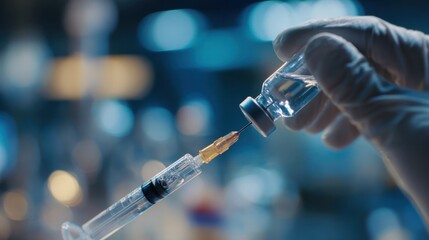 Fototapeta na wymiar Focused medium shot on monoclonal antibody cocktail syringe being prepared for subcutaneous injection with softly outoffocus epidemic treatment room.