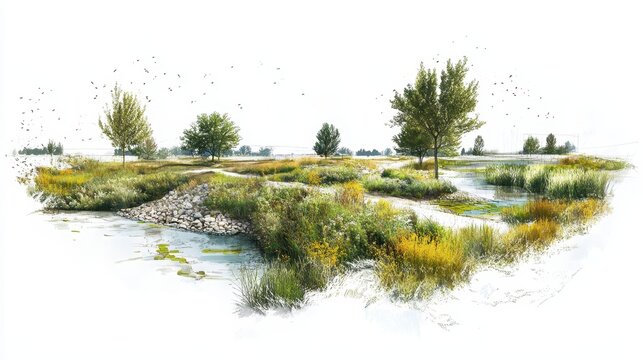 Blueprint-style rendering of a smart floodplain rewilding project with natural levees and sensor-based water control, clean white background.