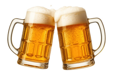 Beer mugs clinking together, filled with golden beer and foam, celebrating a fun party.