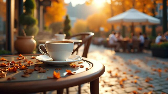 Steaming coffee cup creating a cozy mood on a cafe table against a blurred autumn city street background