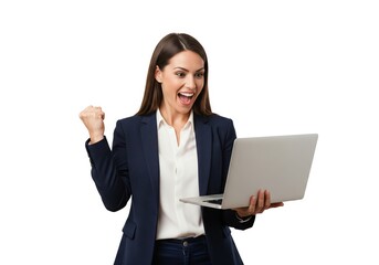 Excited businesswoman celebrating success while holding a laptop