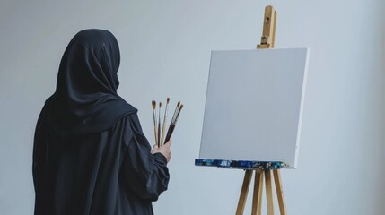 A professional Muslim artist wearing a black hijab and formal attire, standing in a studio and painting on a canvas with a confident posture.