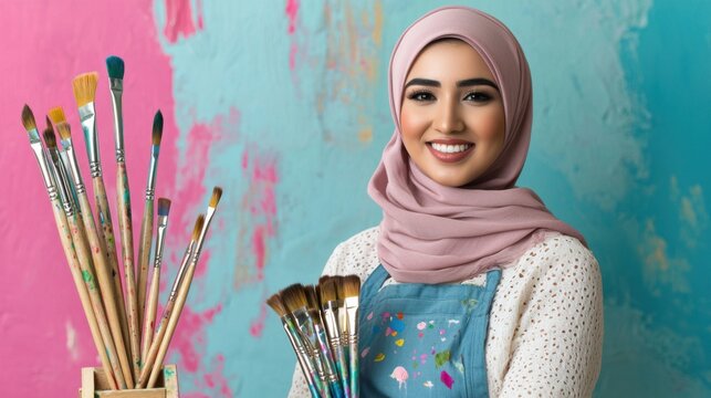 A smiling Muslim artist wearing a hijab and an apron, holding a collection of paint brushes and a palette in a studio.