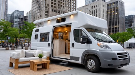 A camper van is parked in a lively urban setting, featuring a comfortable outdoor seating area with a wooden table and plants