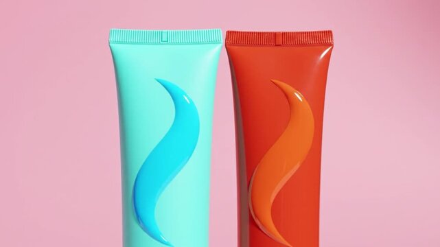 Vibrant Teal and Orange Tubes with Abstract Wavy Patterns on a Clean Pink Background Modern Cosmetic Skincare Product Packaging Display for Beauty and Personal 