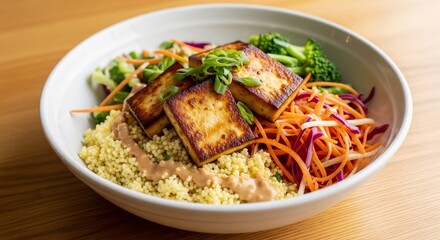 A white bowl of tofu couscous carrots red cabbage broccoli and a sauce with green onions