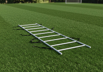 White Base Mockup Agility Ladder on Green Sports Field Training Equipment