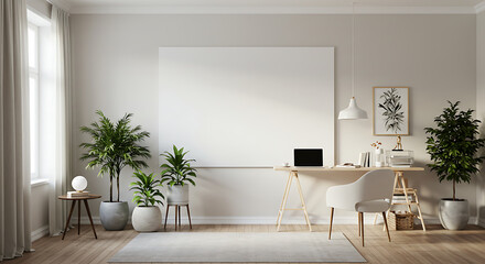 Fototapeta premium Bright and modern home office interior with a wooden desk, laptop, white chair, and several potted green plants, featuring a large blank canvas on the wall.