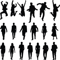 Collection of dancing and walking people silhouette illustrations, capturing various movements, fashion styles, and dynamic body poses for creative design