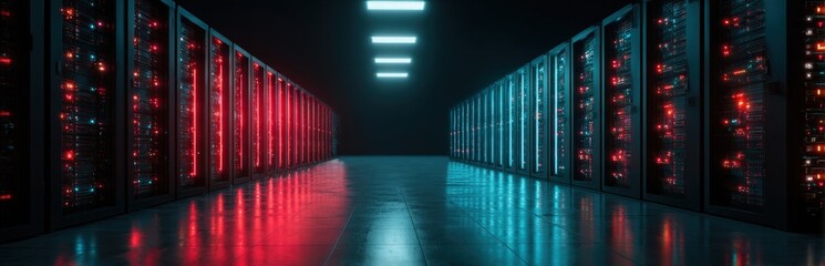 A dark server room with rows of racks glowing red and blue, illuminated by overhead lights. The floor reflects the colors