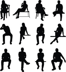 Silhouette illustration of people sitting on chairs, couches, and beds in relaxed poses, ideal for posture, design, interior, and lifestyle