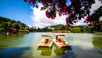 Calm waters of a park lake, reflecting a vibrant landscape with colorful flowers and pleasure boats, offering a serene and peaceful scene.
