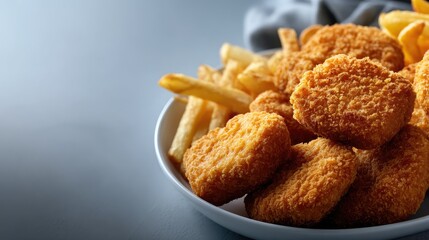 A vibrant display of crispy fried chicken pieces and golden French fries surrounded by fresh herbs, creating a mouthwatering feast
