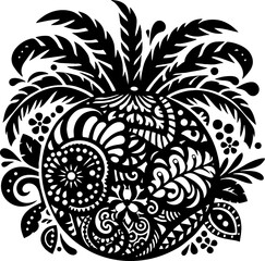 Coconut Solid Black Vector Silhouette in Traditional Mexican Folk Art Style