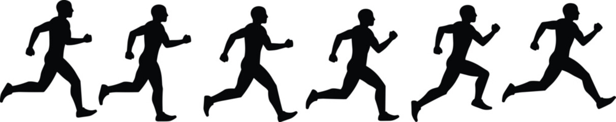 Obraz premium Running man silhouette set, athletic male poses in motion sequence, fitness and sports vector illustration for exercise, movement, and health design themes