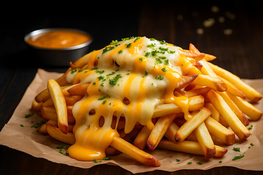 Delicious cheesy fries loaded with gooey melted cheese and toppings
