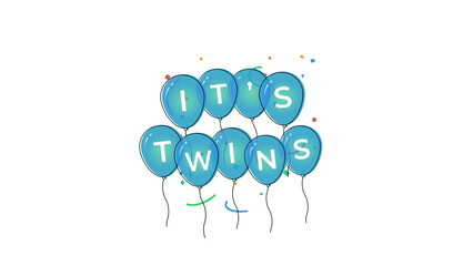 It's Twins announcement with blue balloons and colorful confetti falling. Ideal for baby showers, gender reveals, and family celebrations. Footage with transparent background.