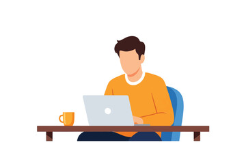Vector Illustration of a Man Working on Laptop at Desk Orange Sweater