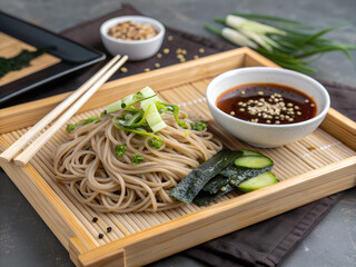Japanese soba noodles served with dipping sauce, cucumber, seaweed, and green onion