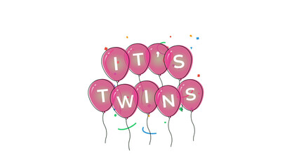 It's Twins baby announcement. Floating pink balloons with text and falling confetti for a celebration or baby shower reveal. Graphic element with transparent background.