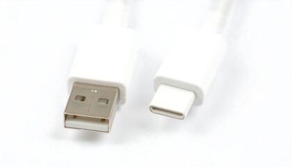 Fototapeta premium Close-up of a white USB-A and USB-C charging cable connector set against a white background.