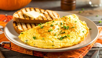 A savory, golden-brown cheese omelet sits alongside toasted bread, ready for a delicious breakfast.