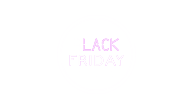 Black Friday neon sign with glowing purple letters inside a modern white circular frame. Promotional graphic for sales and discounts. Isolated element with transparent background for easy use.