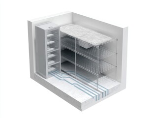 Blueprint-style view of a compact mushroom farm unit with shelving, humidity control system, and airflow circulation, clean white background.