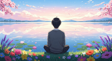 Anime style art of a man sitting with flowers in front of a beautiful lake. Generative AI.