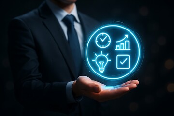 Businessman presenting a glowing blue icon with business and productivity symbols