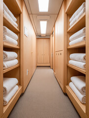 A serene hallway lined with neatly stacked towels on wooden shelves, creating a warm and inviting atmosphere.