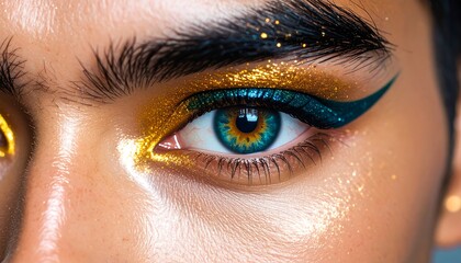 Close-up view of a person's eye with vibrant gold and teal makeup, showcasing intricate designs and a captivating gaze.