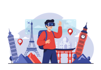 Young man traveling in London and Paris holding a flag illustration