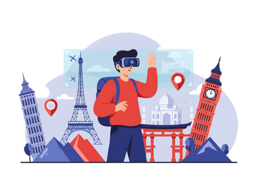 Young man traveling in London and Paris holding a flag illustration