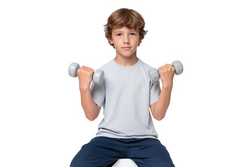 Handsome fit boy lifting dumbbells, exercising and looking at the camera with a determined expression, isolated on transparent background