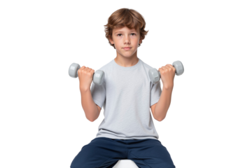 Handsome fit boy lifting dumbbells, exercising and looking at the camera with a determined expression, isolated on transparent background